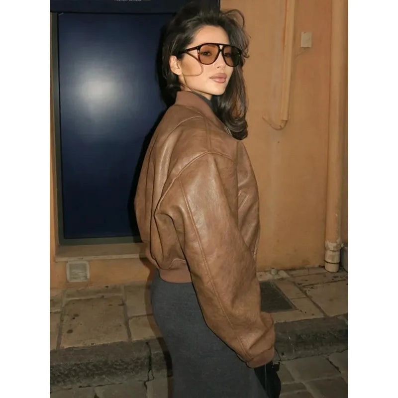 Round Imitation Leather Women Jacket Zipper Solid Loose Female Jackets Autumn Casual Vintage Stand Collar Lady Short Coat