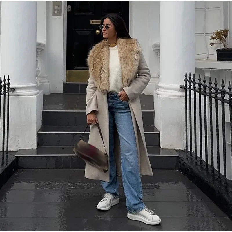 Women Faux Fur Patchwork Collar Woolen Belts Coat Button Up Pocket Casual Thicken Warm Outwear Female Winter Chic Jacket