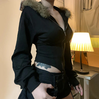 Y2K Fur Trim Hoodie Cardigan Women Basic Black Slim Cropped Jacket 90s Vintage Winter Zipper Coat Harajuku Streetwear