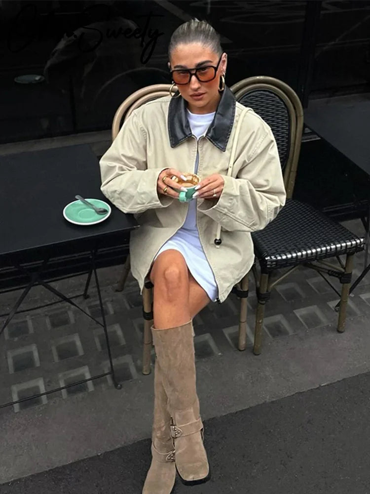 Casual Contrast Women Jacket Full Sleeve Zipper Pocket Female Patchwork Coat Vintage Urban Autumn Lady Outwear