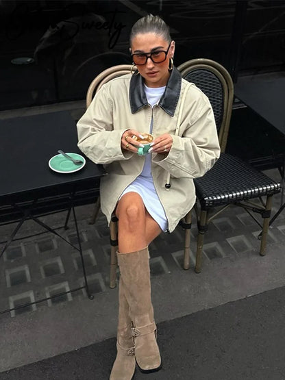 Casual Contrast Women Jacket Full Sleeve Zipper Pocket Female Patchwork Coat Vintage Urban Autumn Lady Outwear