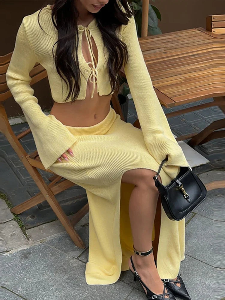 Women Knitted Lace Up 2pcs Set With Skirt Long Sleeve Waist Exposed Cardigan Sexy Slit Long Skirts Autumn New Matching Sets