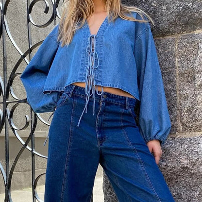 00s Retro Tie-up Front Denim Crop Tops Vintage Cottage Long Sleeve V Neck Shirts Spring Fall Blouses Tees Y2K Aesthetic T-shirt
