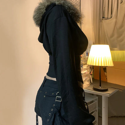 Y2K Fur Trim Hoodie Cardigan Women Basic Black Slim Cropped Jacket 90s Vintage Winter Zipper Coat Harajuku Streetwear
