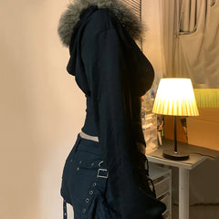 Y2K Fur Trim Hoodie Cardigan Women Basic Black Slim Cropped Jacket 90s Vintage Winter Zipper Coat Harajuku Streetwear