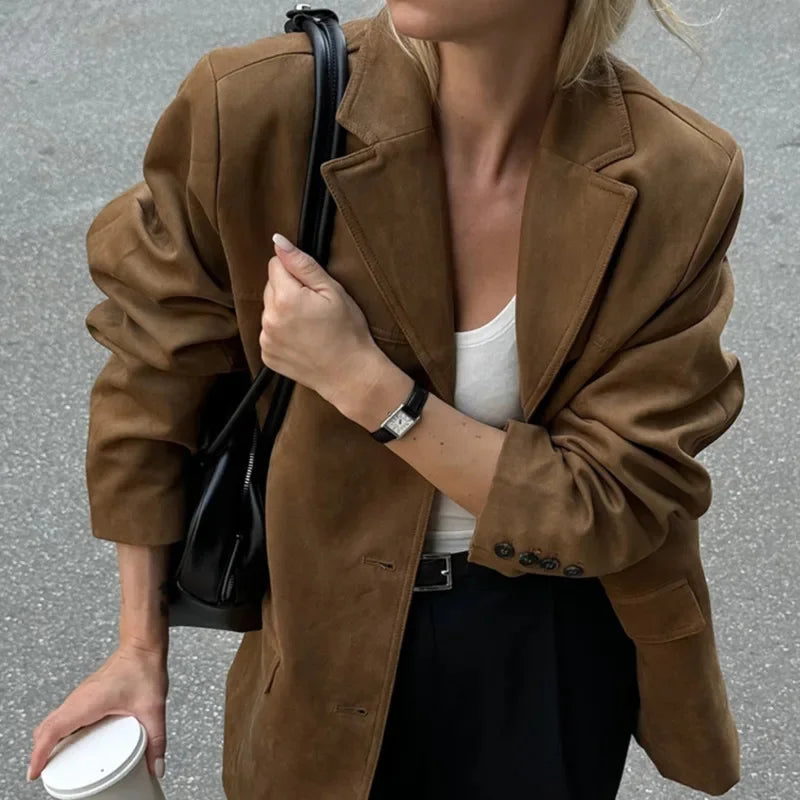 Vintage Lapel Pocket Suede Leather Jacket Women Fashion Loose Single Button Oversize Brown Coats Female Street Chic Clothes