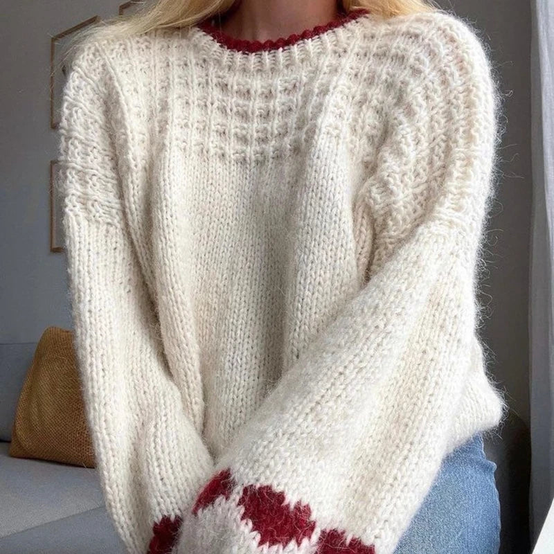 Autumn Knitted Sweater Vintage Heart Pattern Long Sleeve O Neck Loose Knitwear Y2K Aesthetic Grunge Loose Fit Pullovers Jumpers