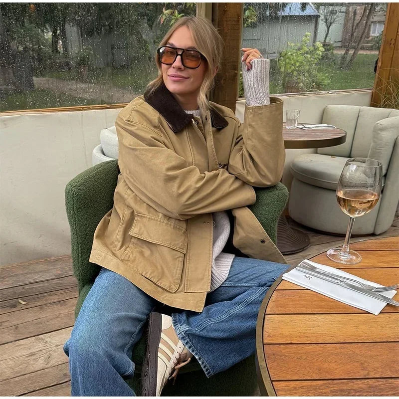 Patchwork Contrast Women Jacket Single Breasted Lapel Female Jackets Autumn Winter Fashion Locomotive Lady Outwear