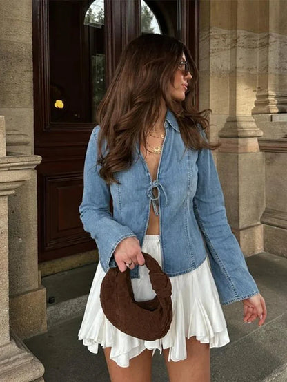 Women's Denim Jacket Without Buckle Tie Up Slim Fit Female Jacket New Baseball Jersey Casual Summer Autumn Simple Jacket