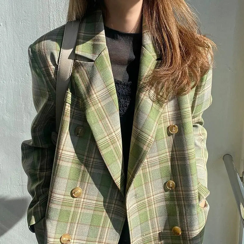 Blazer Double Breasted Plaid For Lapel Women Vintage 2024 Spring Chic Notched Collar Loose Female Suit Jackets