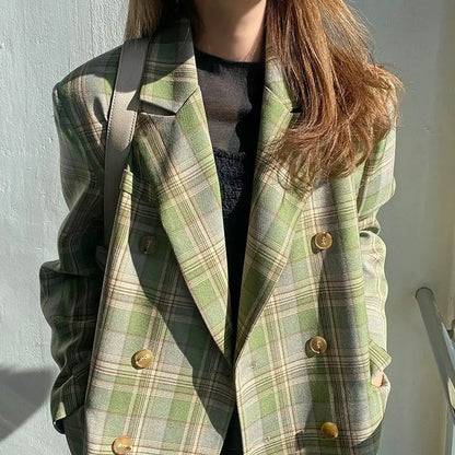 Blazer Double Breasted Plaid For Lapel Women Vintage 2024 Spring Chic Notched Collar Loose Female Suit Jackets