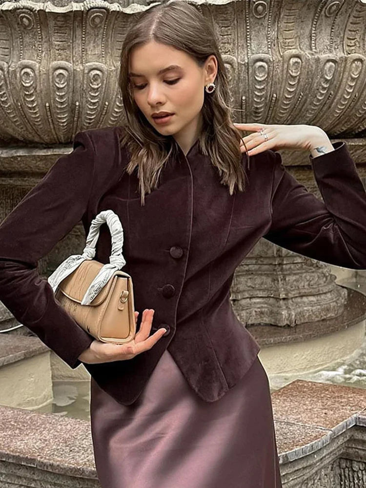 Retro Burgundy Red Jacket Women Stand Collar Button Slim Long Sleeve Jackets Fall Winter Fashion Lady High Street Outerwear