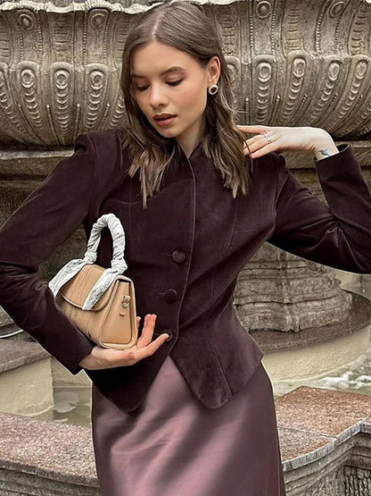 Retro Burgundy Red Jacket Women Stand Collar Button Slim Long Sleeve Jackets Fall Winter Fashion Lady High Street Outerwear