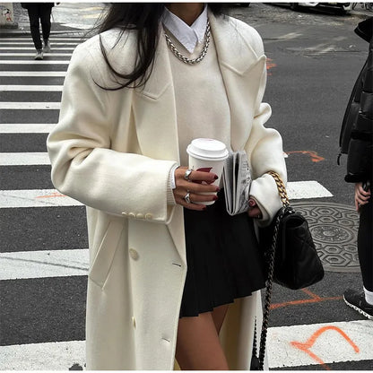 White Elegant Double Breasted Loose Woolen Coat Women Chic Oversized Long Sleeve Overcoat Fall Winter New Ladies Outerwear