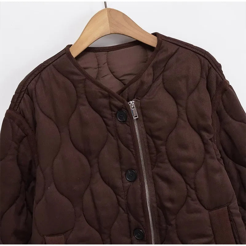 Casual Quilted Padded Jackets Women's Faionable Loose Round Neck Long Sleeve Zipper Cropped Length Outerwear Winter New