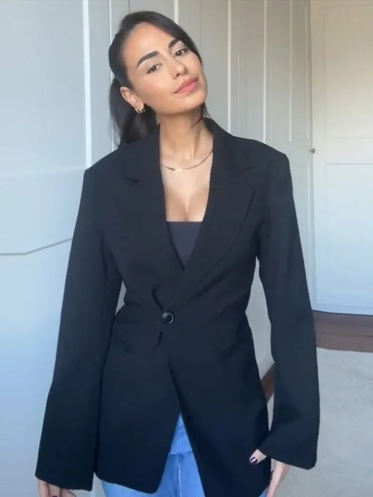 Vintage Solid Single Button Suit Jacket Women Elegant Slim Lapel Blazer Jackets Female New Spring Chic Street Office Outwear