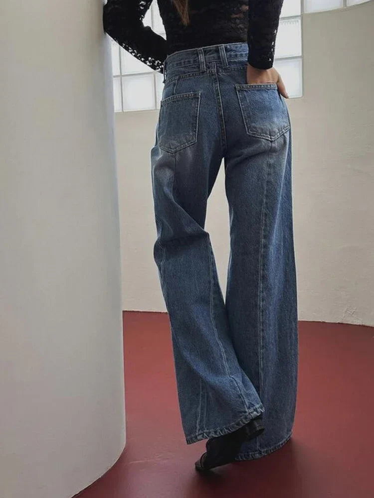 Women Fashion High Waist Loose Pockets Jeans Casual Vintage Blue Wide Leg Pants Y2k Streetwear New Autumn Winter Jeans