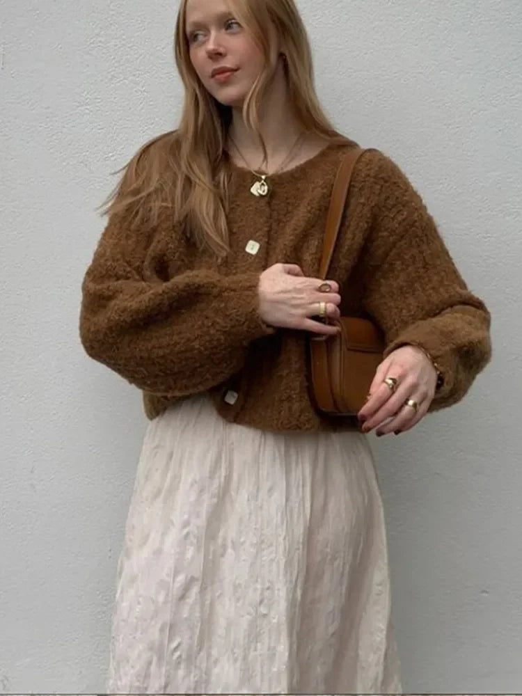 Women Brown Single Breasted Knitwear Fashion Women's O Neck Long Sleeves Loose Casual Sweater Casual New Lady Office Cardigan