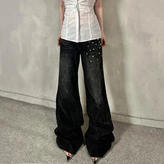 Grunge Aesthetic Flare Jeans Rivet Detail Y2K Fashion Retro Loose Fit Denim Pants High Street Punk Trousers Spring