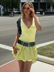 Elegant Party Dress Women Fashion V Neck Sleeveless Slim Backless Threaded Stitching Mini Dress Female Summer Balloon Dress 2024