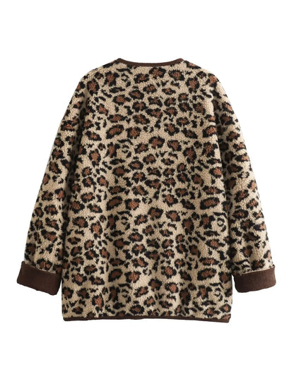 Women Fashion Jacket Winter Casual Ladies Commuter Leopard-print Lamb Wool Solid Jacket For Women's Outwears
