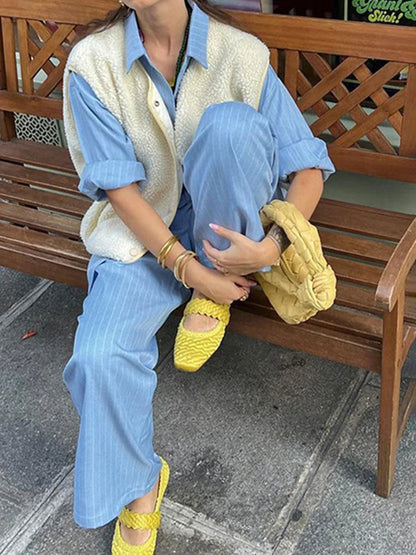 Fashion Lamb Wool Vest Coat For Women V Neck Loose Single Breasted Pocket Waistcoat Warm Autumn 2024 High Street Outwear