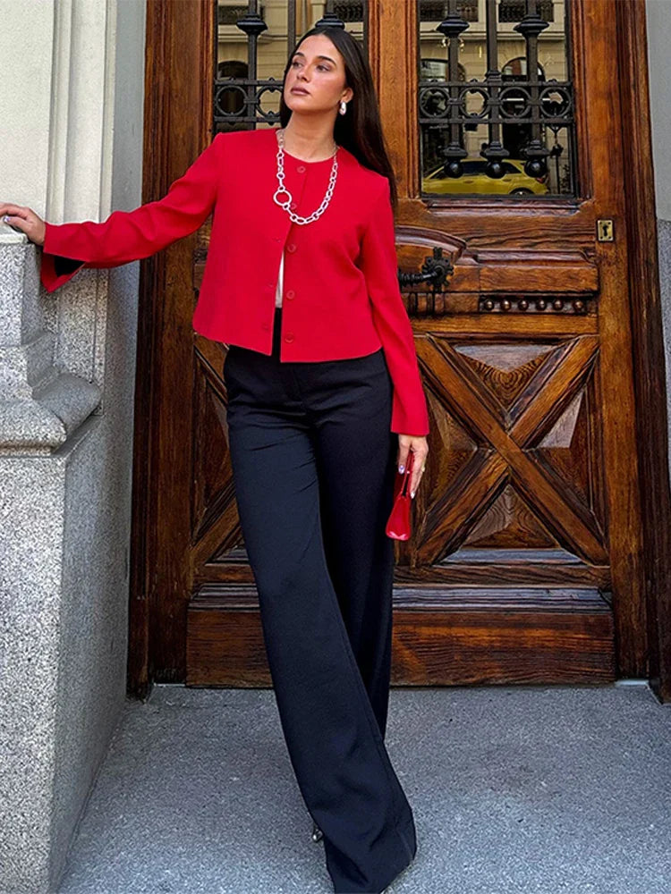 Elegant Slim Fit Women's Jacket Round Neck Single Breasted Long Sleeve Short Jackets Fashion Solid Color Casual Coat Outerwears