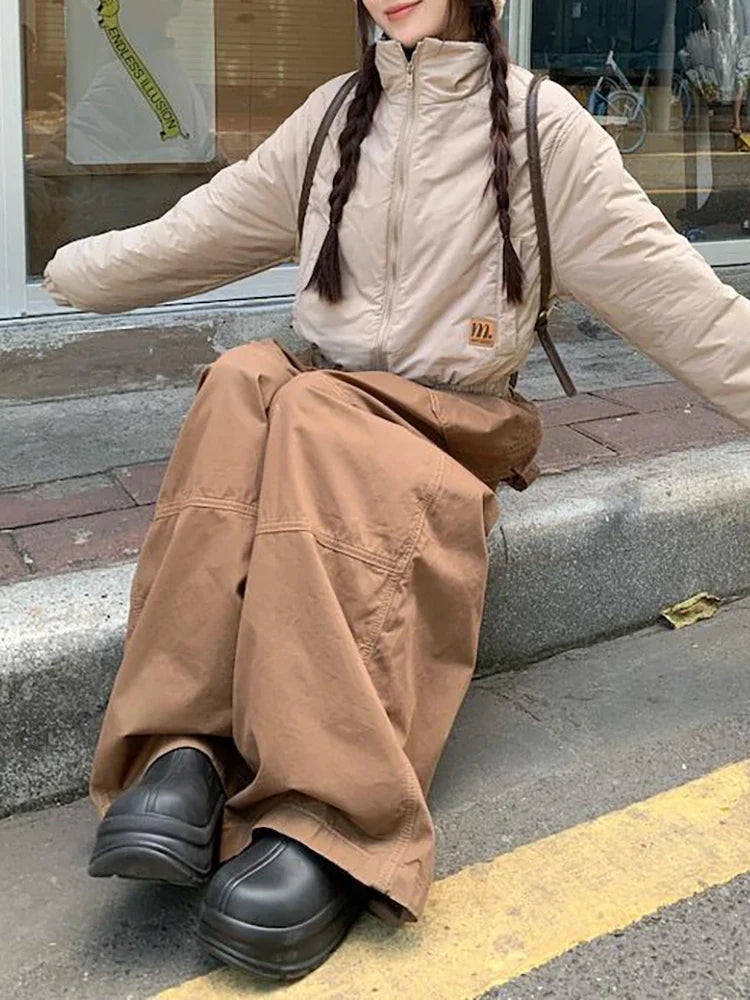 Women Plain Spliced Wide Leg Cargo Pants Big Pockets Drawstring Low Waist Loose Draped Sweatpants Lounge Casual Streetwear