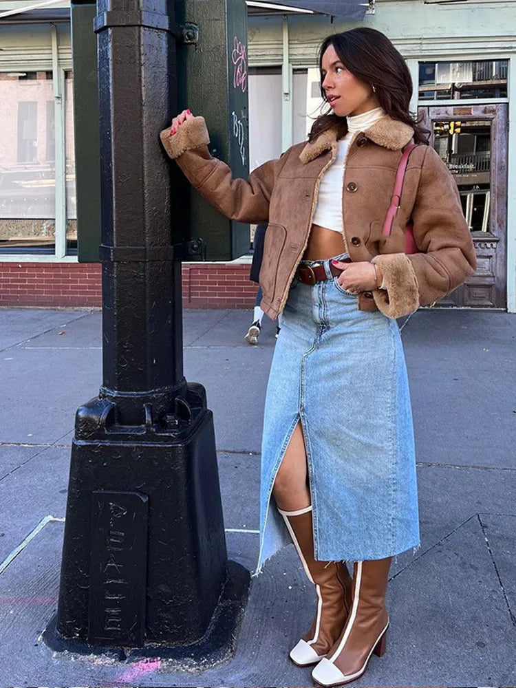 Solid Color Elegant Thicken Lapel Short Jacket Winter New Woman Single Breasted With Pockets Coat High Street Outerwear
