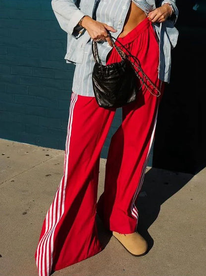Women Y2k Wide Leg Track Pants Baggy Striped Joggers Sweatpants Elastic Waist Color Block Parachute Pants with Pockets