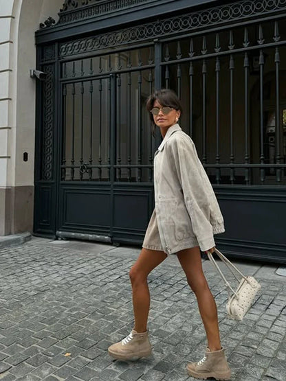 Do Old Suede Jacket Coat White Workwear Style Lapel Casual Simple Retro Leather Tooling Jackets Loose Wide Fit Slimming Outwear