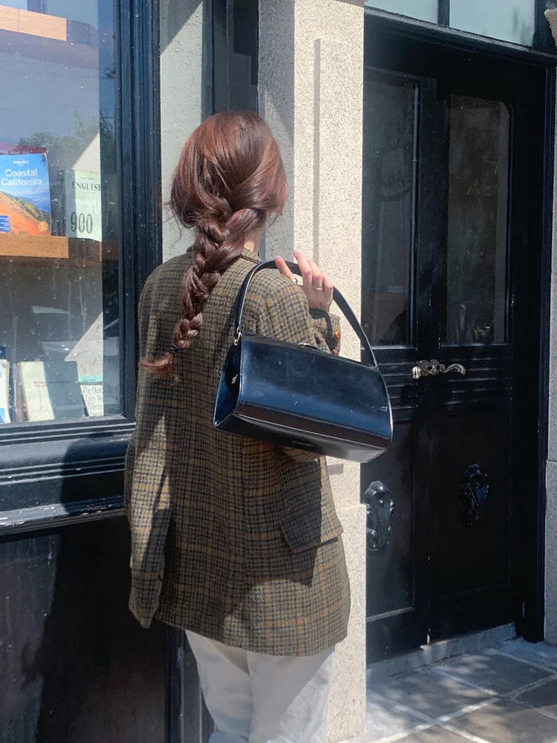 Vintage Wool Blends Coats Women Plaid Woolen Jacket Elegant Commute Blazer Korean Long Sleeve Outerwears Winter Ladies Overcoat