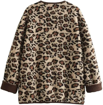 New Women's Leopard Fuzzy Fleece Jacket Long Sleeve Open Front Coats Lightweight Casual Outerwear with Pocket Thermal Top Jacket