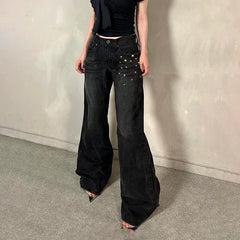 Grunge Aesthetic Flare Jeans Rivet Detail Y2K Fashion Retro Loose Fit Denim Pants High Street Punk Trousers Spring