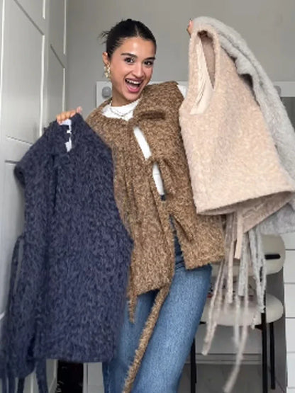 Bow Tied Vests Women Round Neck Short Casual Sleeveless Vest Jacket Woman Waistcoat Streetwear New Women Outerwear 2025 Spring