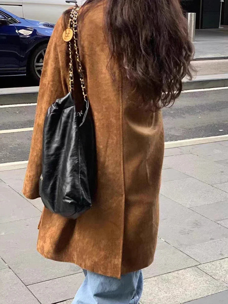 Solid Color Corduroy Trench Coat Women Autumn Winter Single Breasted Stand Collar Long Outerwear Vintage Fashion Jacket