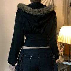 Y2K Fur Trim Hoodie Cardigan Women Basic Black Slim Cropped Jacket 90s Vintage Winter Zipper Coat Harajuku Streetwear