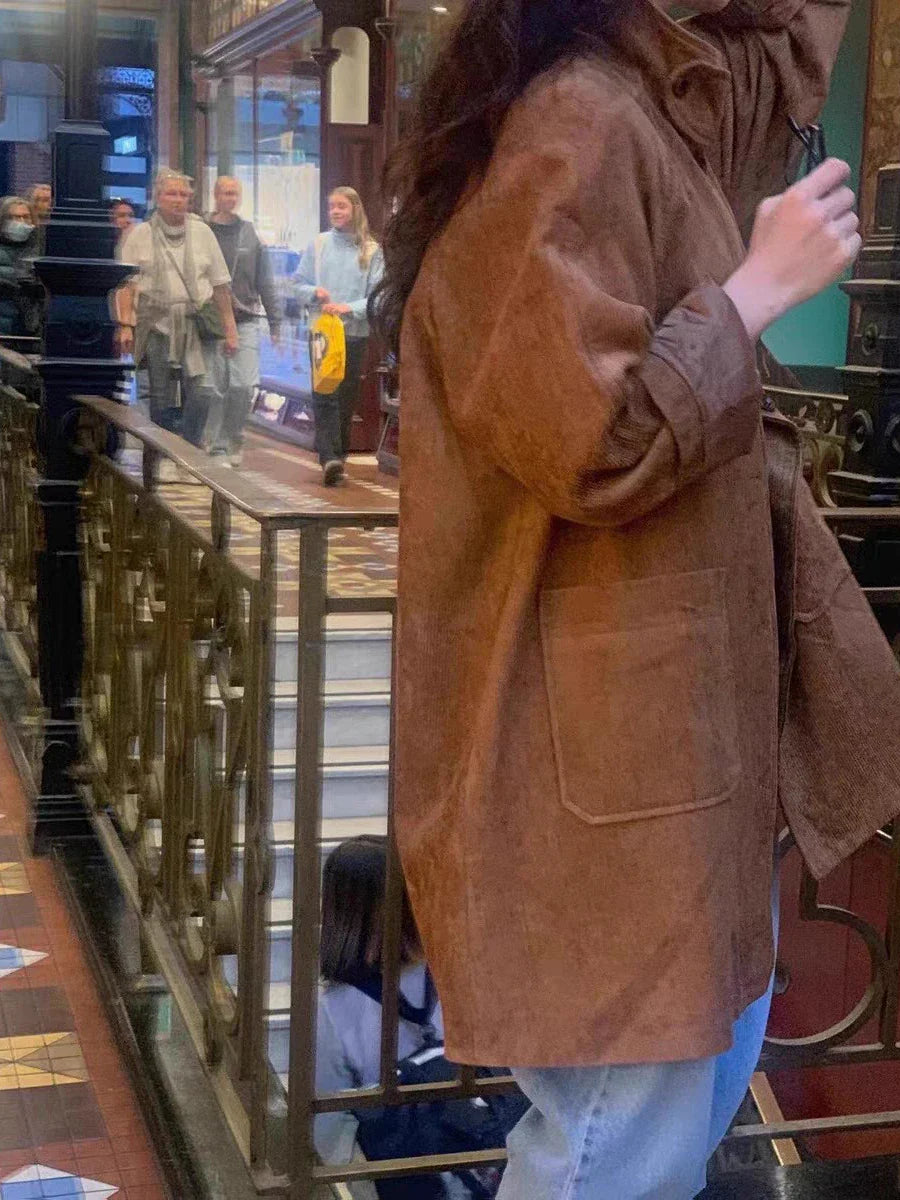 Solid Color Corduroy Trench Coat Women Autumn Winter Single Breasted Stand Collar Long Outerwear Vintage Fashion Jacket