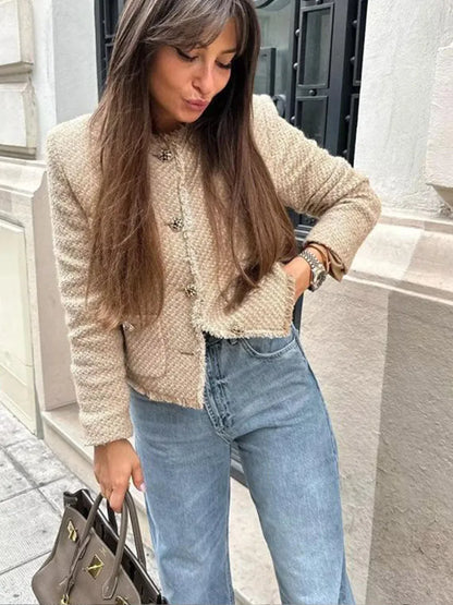 Fashion O-neck Pockets Short Coats For Women Autumn Long Sleeve Single Breasted Tweed Jacket New Chic Cropped Coats Female