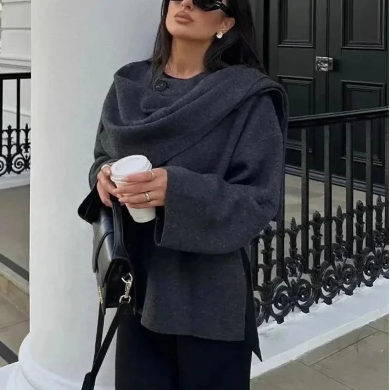 Fashion Asymmetric Scarf Knitted Jacket Women O Neck Single Button Side Slit Solid Loose Coat Winter New Female Chic Outerwear