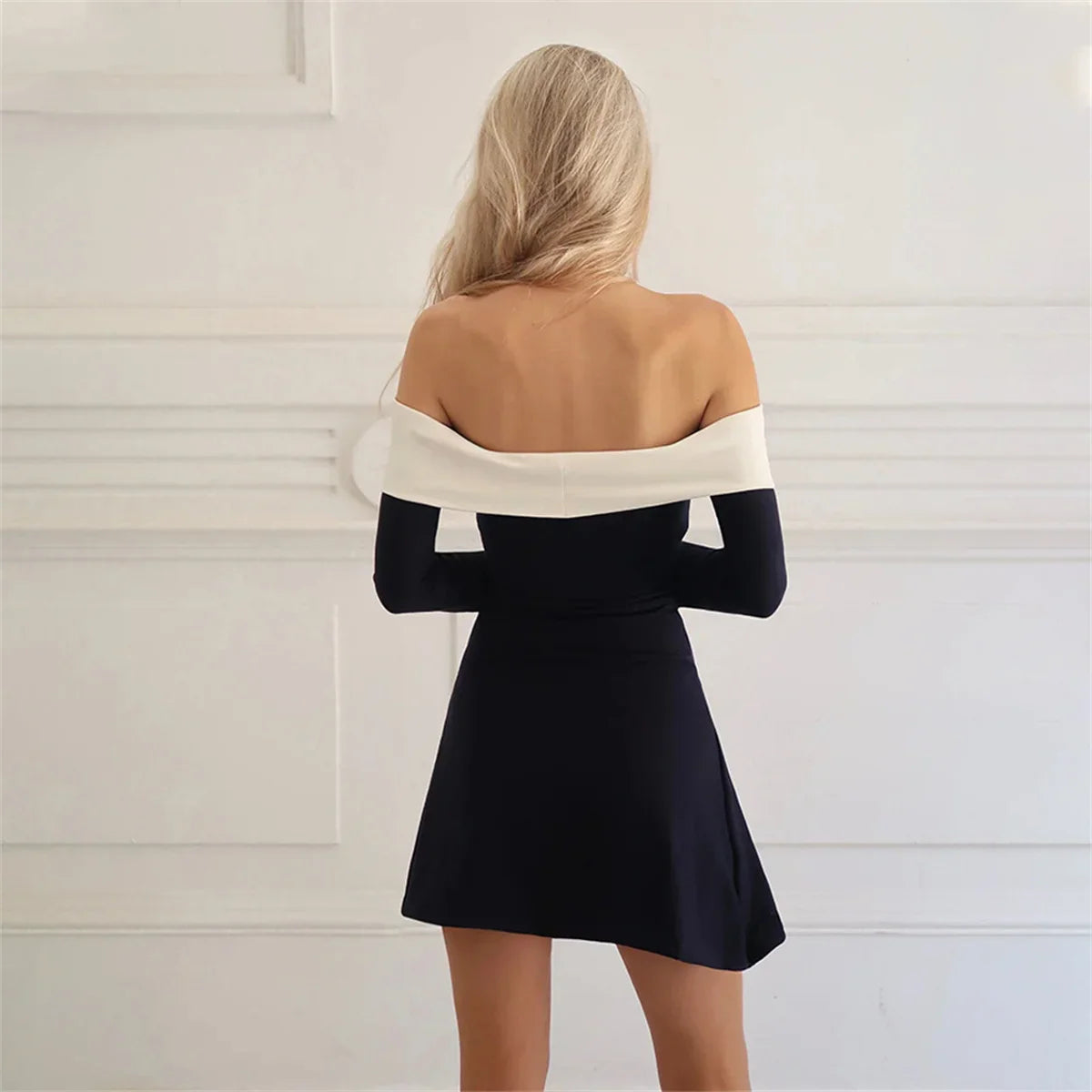 Women Strapless Off Shoulder Dress Sexy Fashion Color Block Long Sleeve Slim Skirt Elegant Sexy Party A-LINE Dress Club Outfit