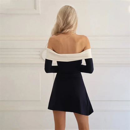 Women Strapless Off Shoulder Dress Sexy Fashion Color Block Long Sleeve Slim Skirt Elegant Sexy Party A-LINE Dress Club Outfit