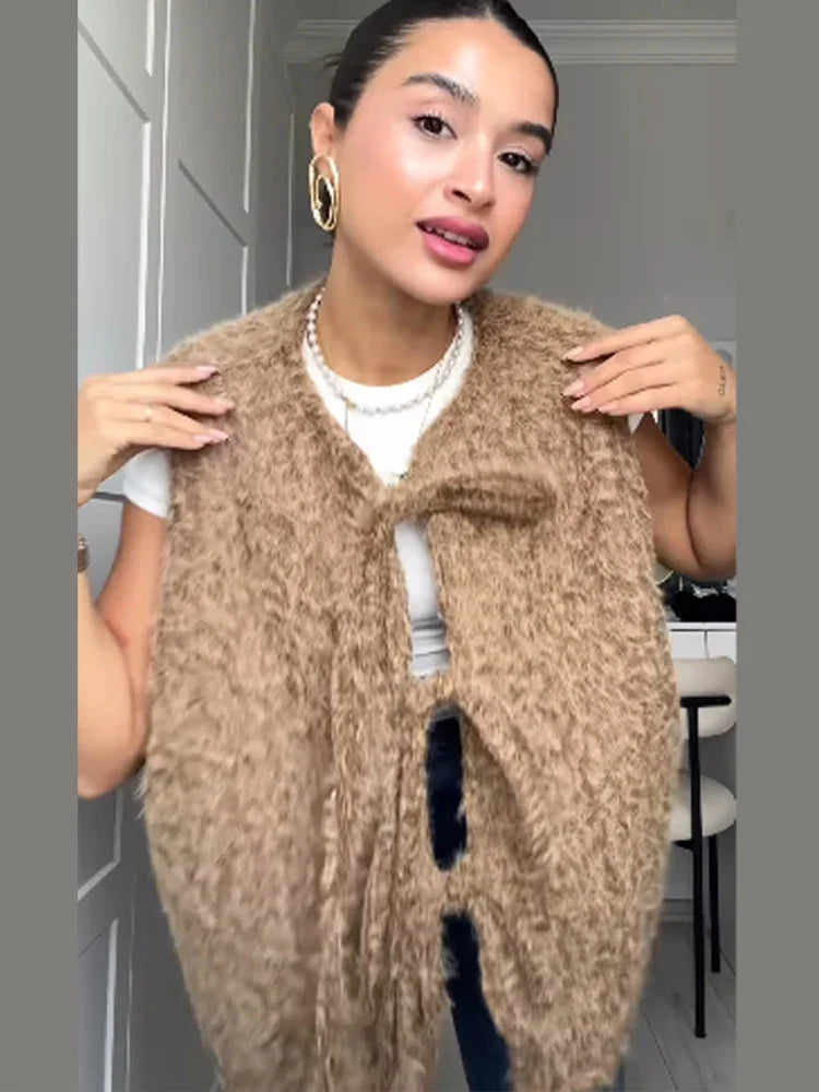 Bow Tied Vests Women Round Neck Short Casual Sleeveless Vest Jacket Woman Waistcoat Streetwear New Women Outerwear 2025 Spring