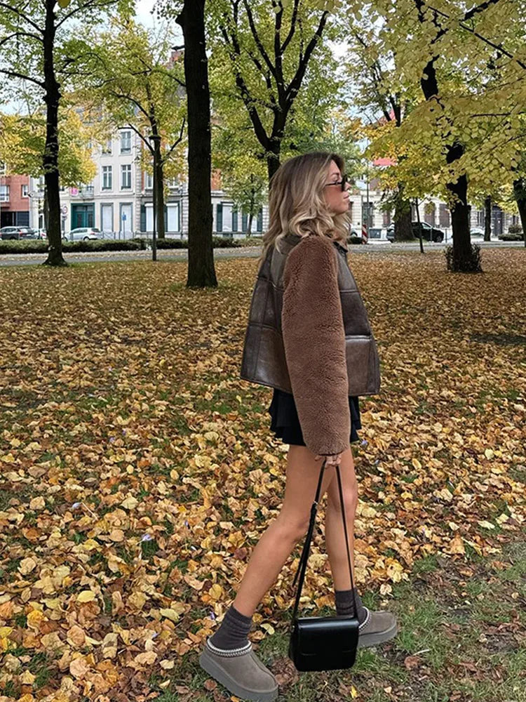 Vintage Zipper Patchwork Lamb Wool Leather Coats For Women Fashion Oversized Lapel Warm Jackets Lady High Street Outerwears