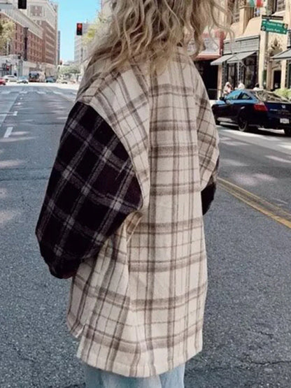 Classic Patchwork Plaid Outerwear Women Buttons Long Sleeve Pockets Blouse Jackets Winter New Streetwear Casual Vintage Jacket