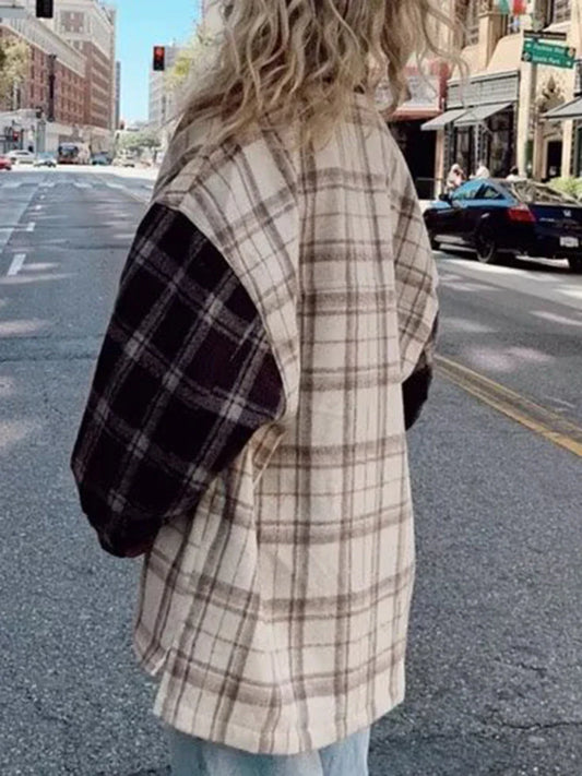 Classic Patchwork Plaid Outerwear Women Buttons Long Sleeve Pockets Blouse Jackets Winter New Streetwear Casual Vintage Jacket