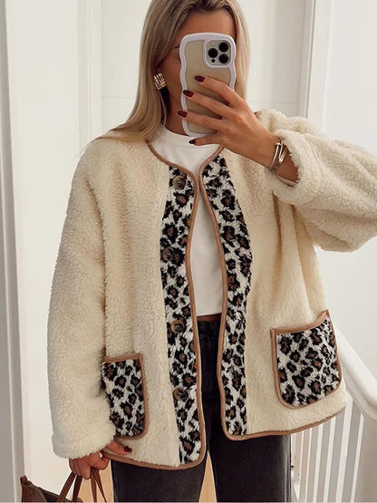 Casual Leopard Print Patchwork Lamb Wool Coat For Women Fashion Buttons Down O-neck Pockets Jacket Winter Warm Lady Chic Outwear