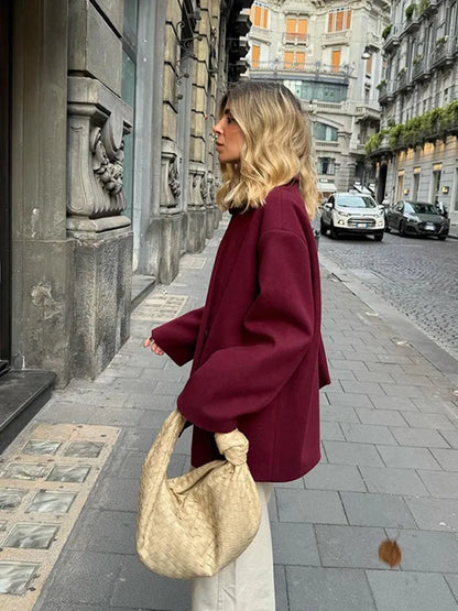 Causal Burgundy Women Autumn Full Sleeve Woolen Coat With Scarf Fashion Solid Single Breasted Jacket Female New Chic Office Wear
