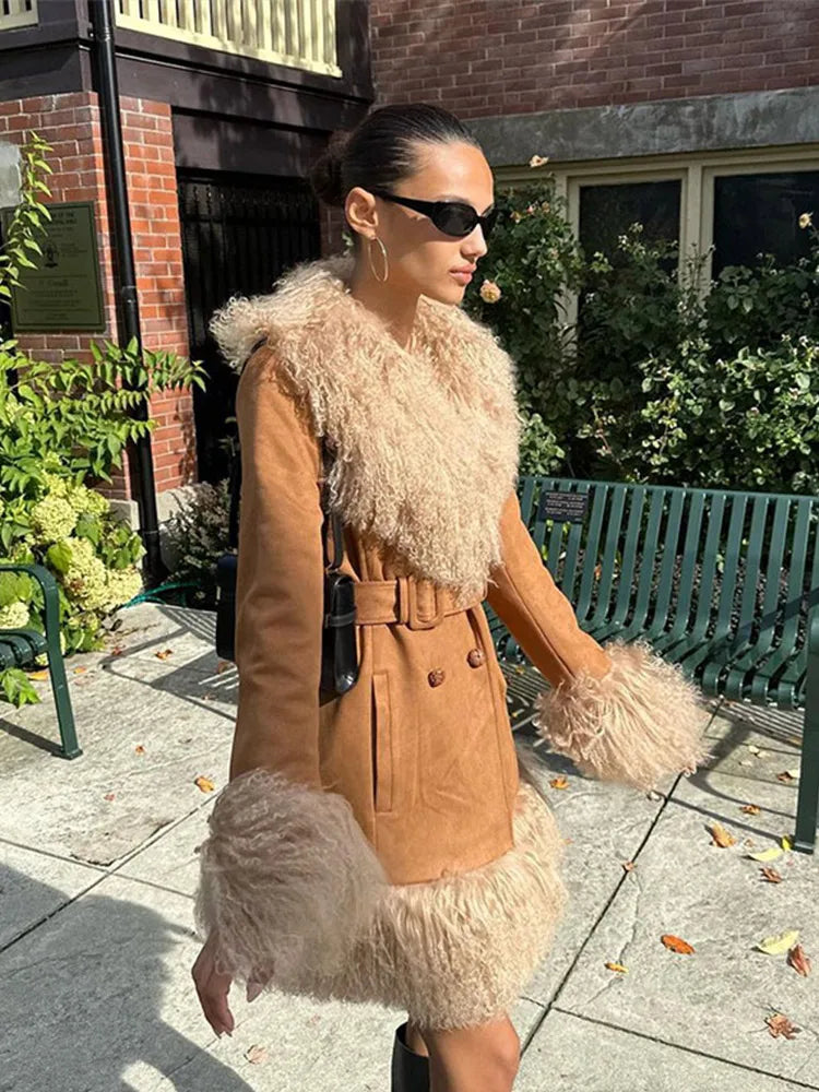 Suede And Fur Luxury Coat Women Plush Double Breasted Chic Turn-down Collar Belts Thick Outerwear Vintage Warm Feather Overcoat