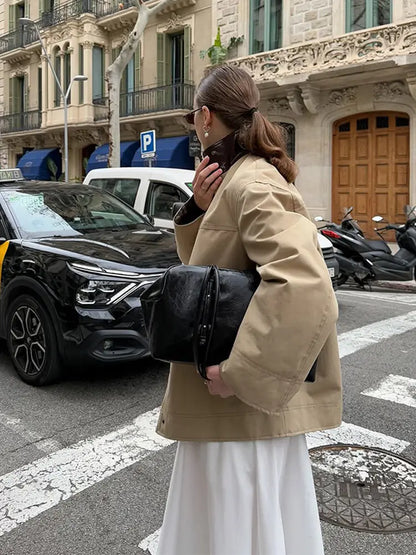 Leather Collar Cargo Jacket Button Down Plaid Pattern Patchwork Jackets Vintage Contrast Color Trench Coat Loose Casual Outwear